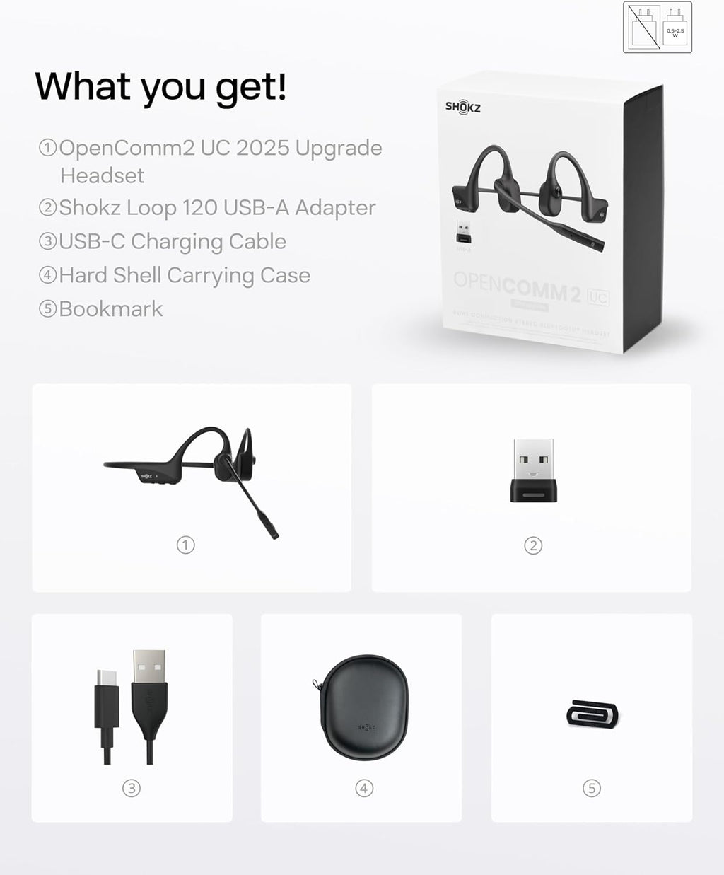 SHOKZ OpenComm2 UC 2025 Upgrade - Open-Ear Wireless Computer Headset with Boom Mic, Bone Conduction Bluetooth Stereo Headphones, USB-A Dongle Compatible with PC and Mac, Zoom Certified - C120UC