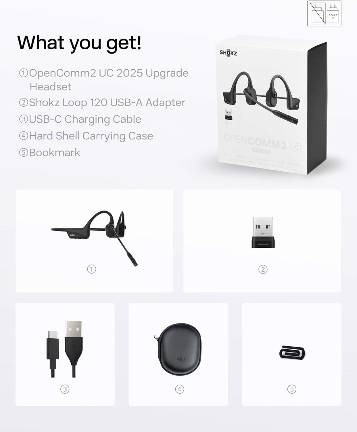 SHOKZ OpenComm2 UC 2025 Upgrade - Open-Ear Wireless Computer Headset with Boom Mic, Bone Conduction Bluetooth Stereo Headphones, USB-A Dongle Compatible with PC and Mac, Zoom Certified - C120UC