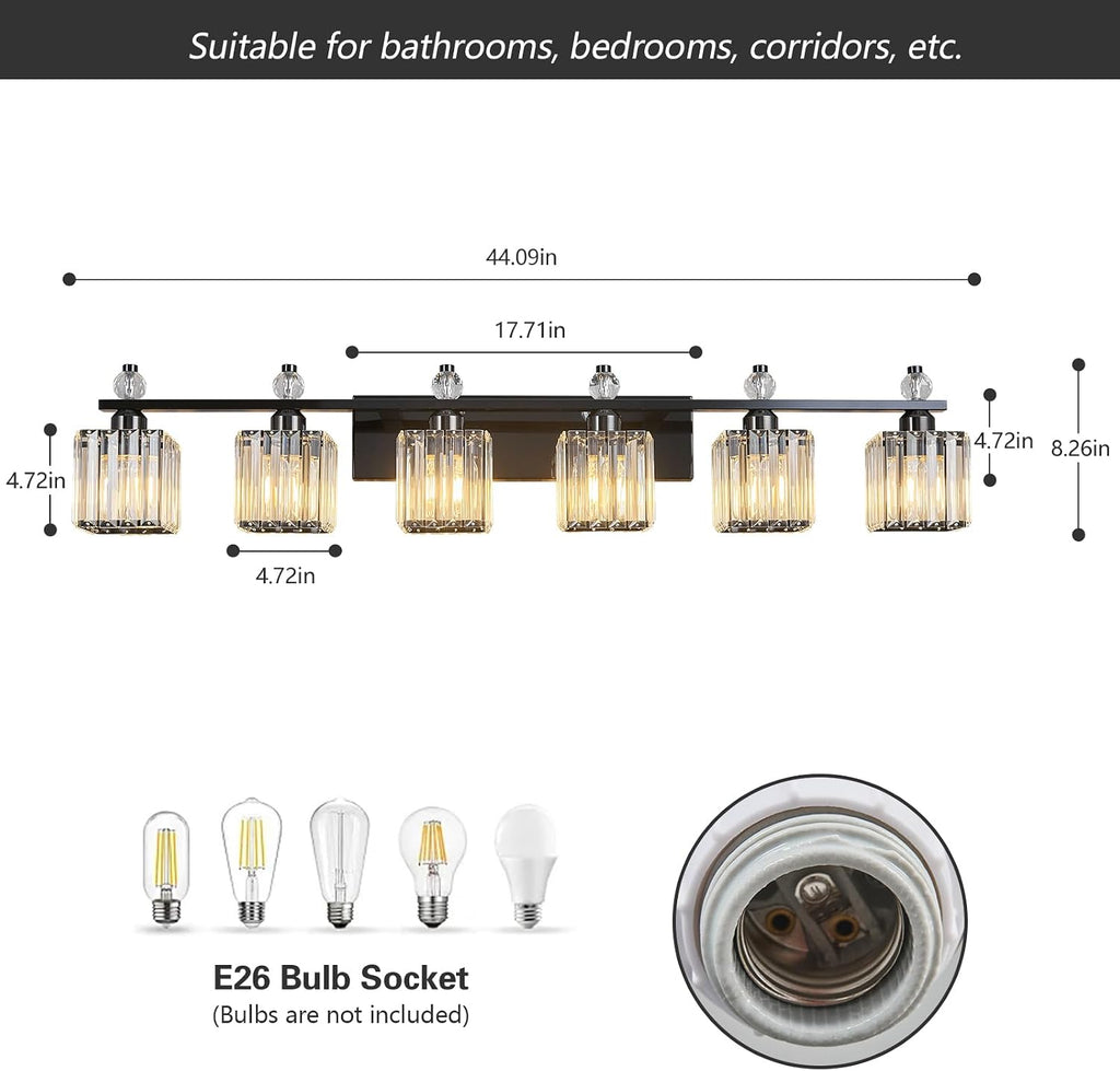 Vanity Lights 6-Light Modern Crystal Vanity Light Plating Black Bathroom Light Fixtures Over Mirror Crystal Bathroom Vanity Lighting Fixtures