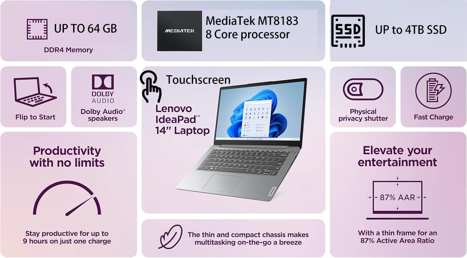 Lenovo Chromebook 3 14 Inch FHD Touchscreen Laptop Computer | MediaTek 8-Core CPU | 4GB RAM, 64GB eMMC | Thin & Lightweight | Wi-Fi & Bluetooth & Webcam | 10HR Battery | Arctic Grey | Chrome OS
