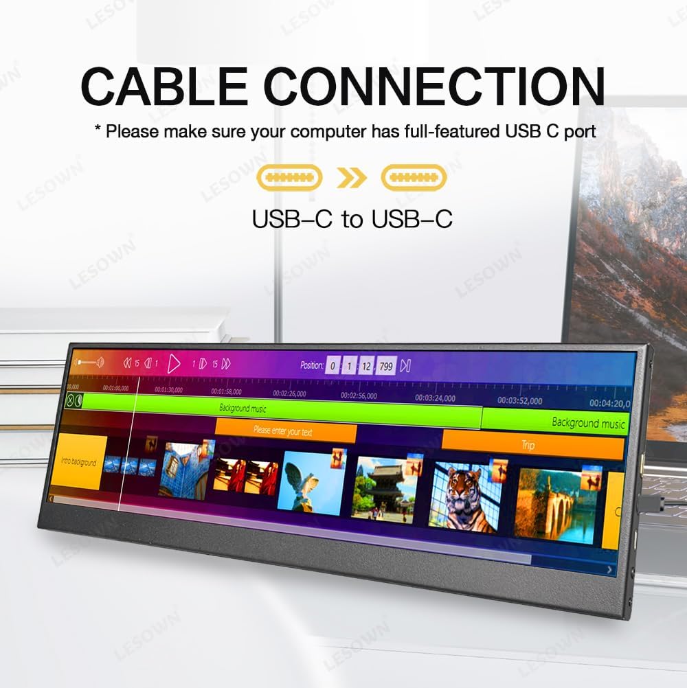 14.1 inch Temp Display Stretched Bar LCD Touch Strip Display USB C & HDMI 1920x550 IPS Sub Extender mini Wide Monitor for GPU CPU Data Monitoring PC Case