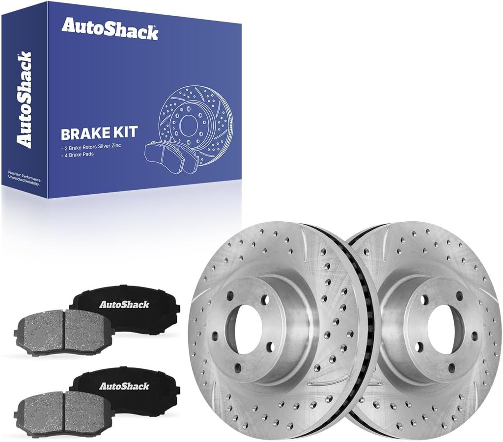 AutoShack Front Brake Rotors & Ceramic Pads for Ford, Edge 2007-2014, AWD FWD L4 2.0L V6 3.5L 3.7L - Silver Zinc Coated Drilled & Slotted - SilverShield Pro - 12.6' (320 mm), 5-Lug
