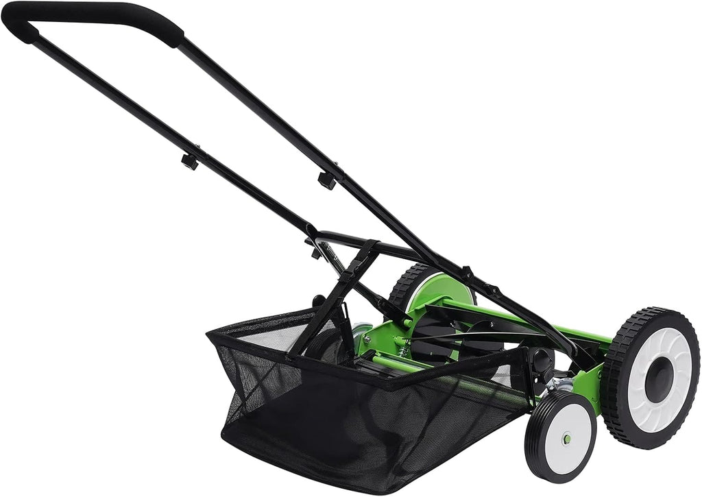 16 Inch 5-Blade Push Reel Lawn Mower with Grass Catcher Manual Push Mower with Adjustable Cutting Height 2.5 Inch Max, 4 Wheels Reel Mower for Small Yards Lawn Area (16 Inch)