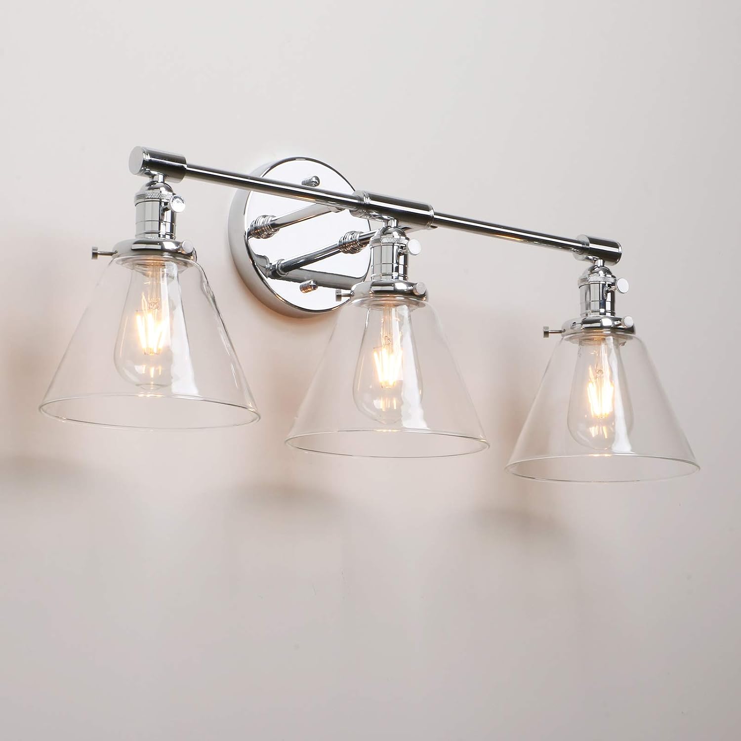 Permo Vintage Industrial Antique Three-Light Wall Sconces with Funnel Flared Clear Glass Shade (Chrome)