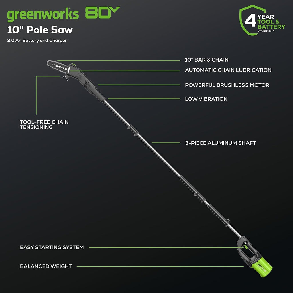 Greenworks 80V 10' Cordless Polesaw (Great For Pruning and Trimming Branches / 75+ Compatible Tools), 2.0Ah Battery and Charger Included