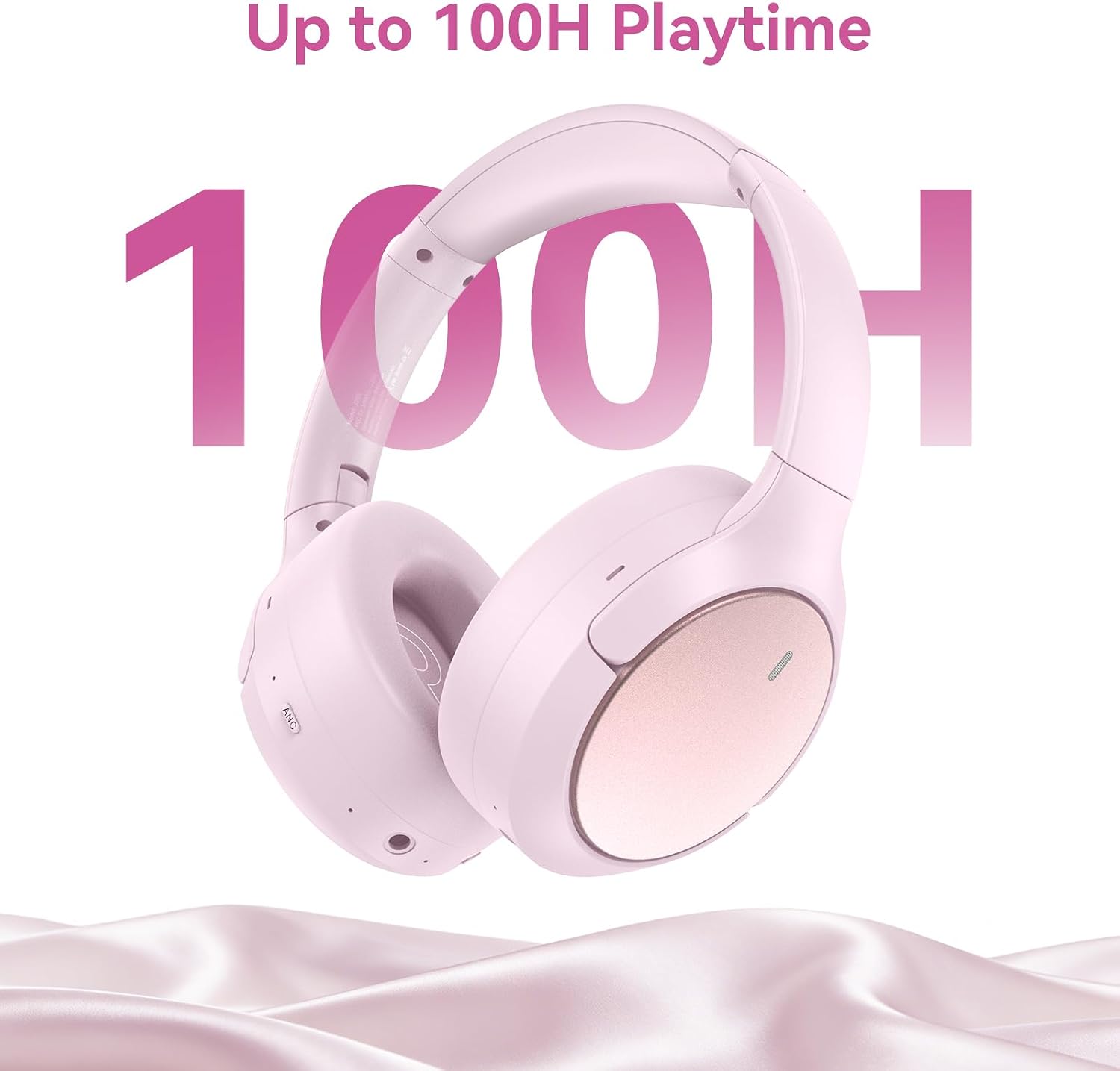 Hybrid ANC Wireless Over-Ear Headphones, 100H Playtime, Hi-Res Audio, Bluetooth 6.0, Multi-Mode Noise Cancellation, Comfort Fit, iOS & Android Compatible, Foldable Design, Travel-Friendly (Pink)