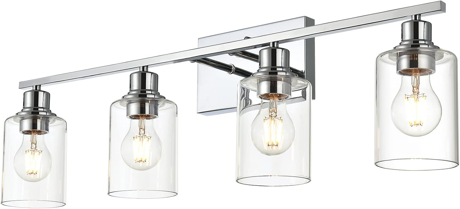 Vanity Light Fixtures,4-Light Indoor Modern Chrome Finish Bathroom Lighting Over Mirror with Clear Glass Shade Metal Base Wall Mounted Lamp for Vanity Table, Living Room