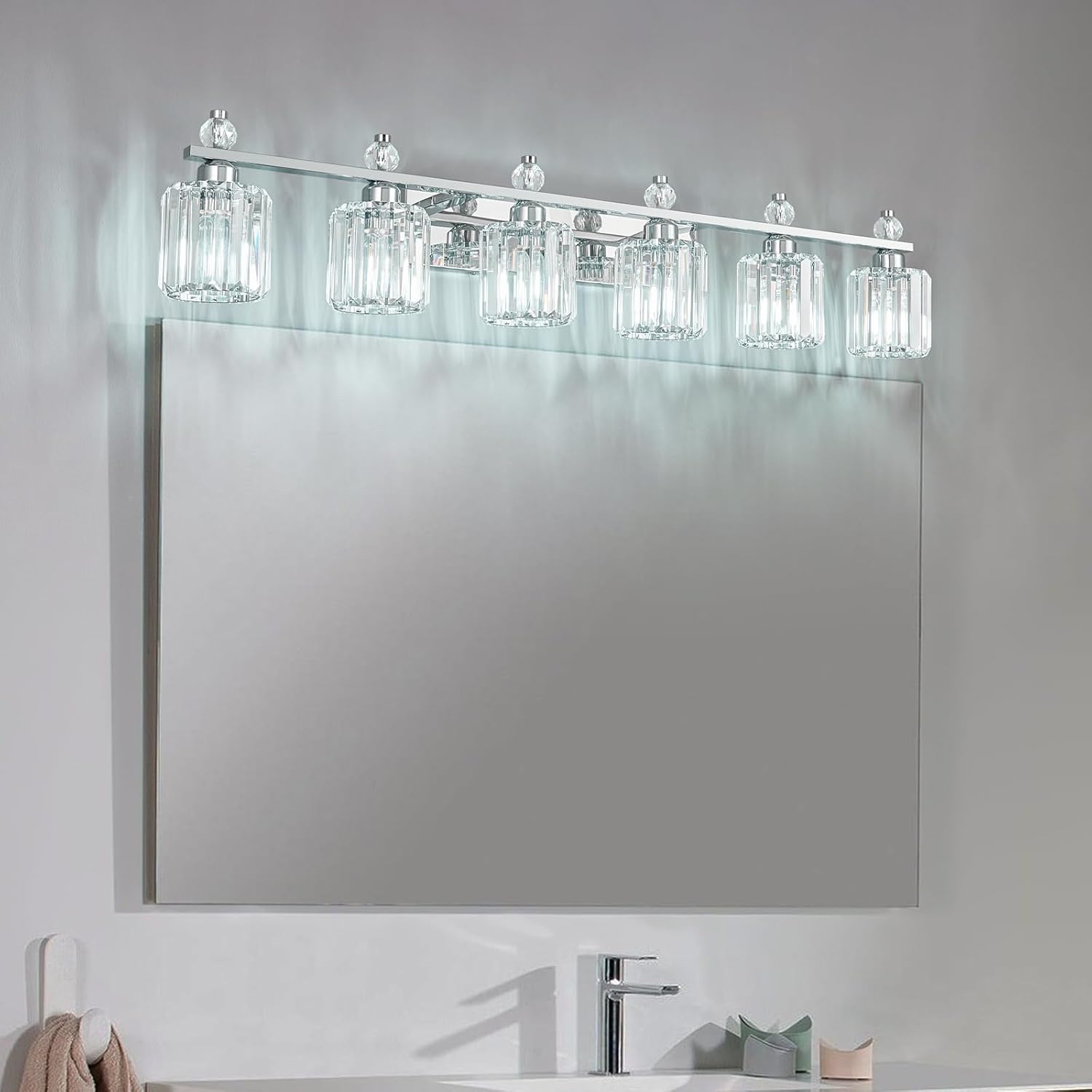Bathroom Vanity Lights 6-Light Chrome Modern Crystal Vanity Light Fixtures Over Mirror Crystal Bathroom Vanity Lighting Fixtures