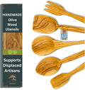 LESVOS WOODCRAFT - Premium Deep Bowl Olive Wood Cooking Utensil Set - 5-Piece Artisan Cooking and Serving Utensil Bundle, Olive Wood Utensils, Fair-Trade, Handcrafted, Includes 2 Greek Recipes