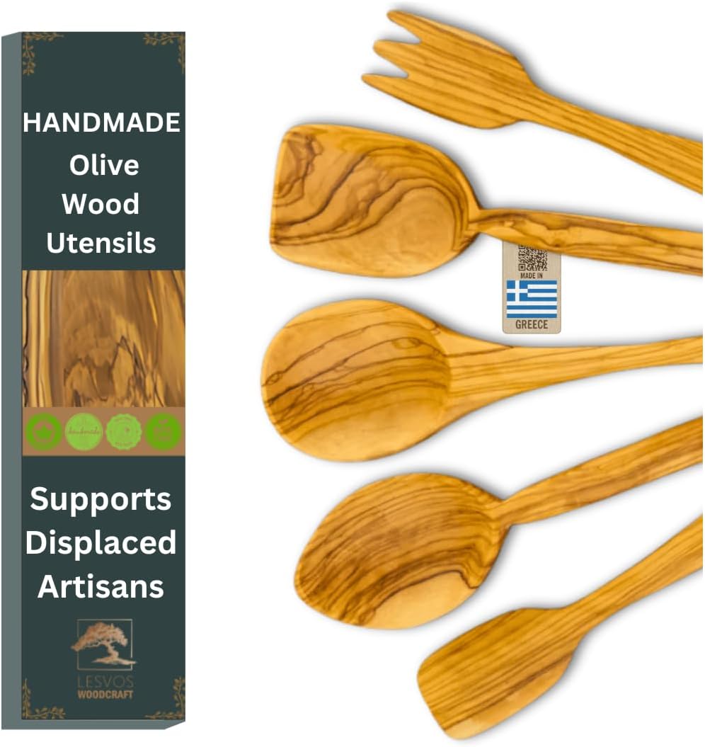 LESVOS WOODCRAFT - Premium Deep Bowl Olive Wood Cooking Utensil Set - 5-Piece Artisan Cooking and Serving Utensil Bundle, Olive Wood Utensils, Fair-Trade, Handcrafted, Includes 2 Greek Recipes