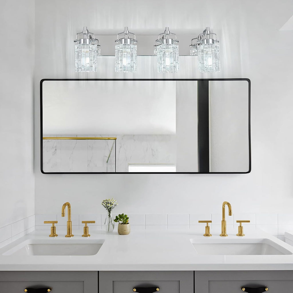 4 Light Crystal Glass Vanity Light, Chrome Bathroom Lighting Fixtures Over Mirror Modern Bath Wall Sconce Lighting for Bedroom Living Room