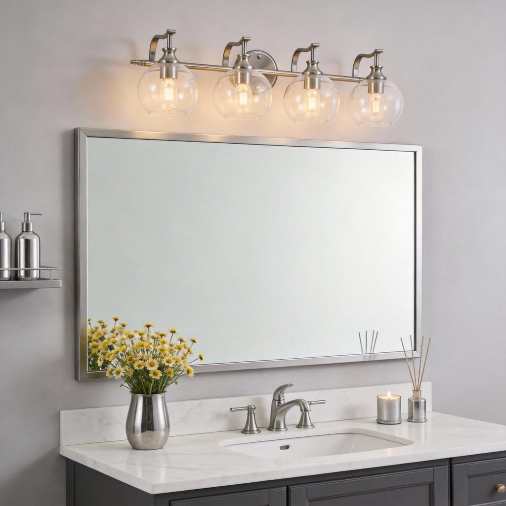 ANDY STAR Brushed Nickel Vanity Lights for Bathroom, 4 Light Vanity Light Brushed Nickel, Farmhouse Vanity Lighting Fixtures, 30.5 Inch Modern Silver Wall Sconce, E26 Base Bulbs Required, UL Certified