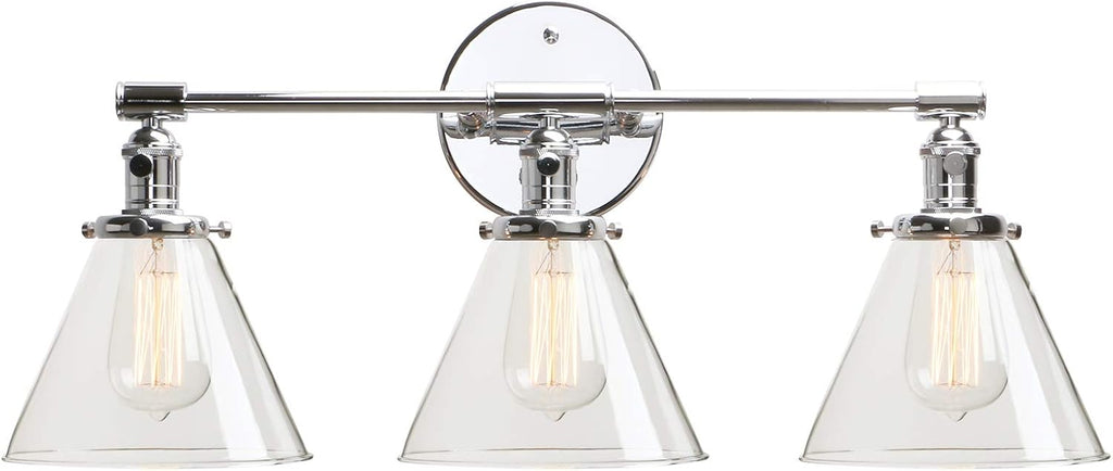 Permo Vintage Industrial Antique Three-Light Wall Sconces with Funnel Flared Clear Glass Shade (Chrome)