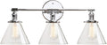 Permo Vintage Industrial Antique Three-Light Wall Sconces with Funnel Flared Clear Glass Shade (Chrome)