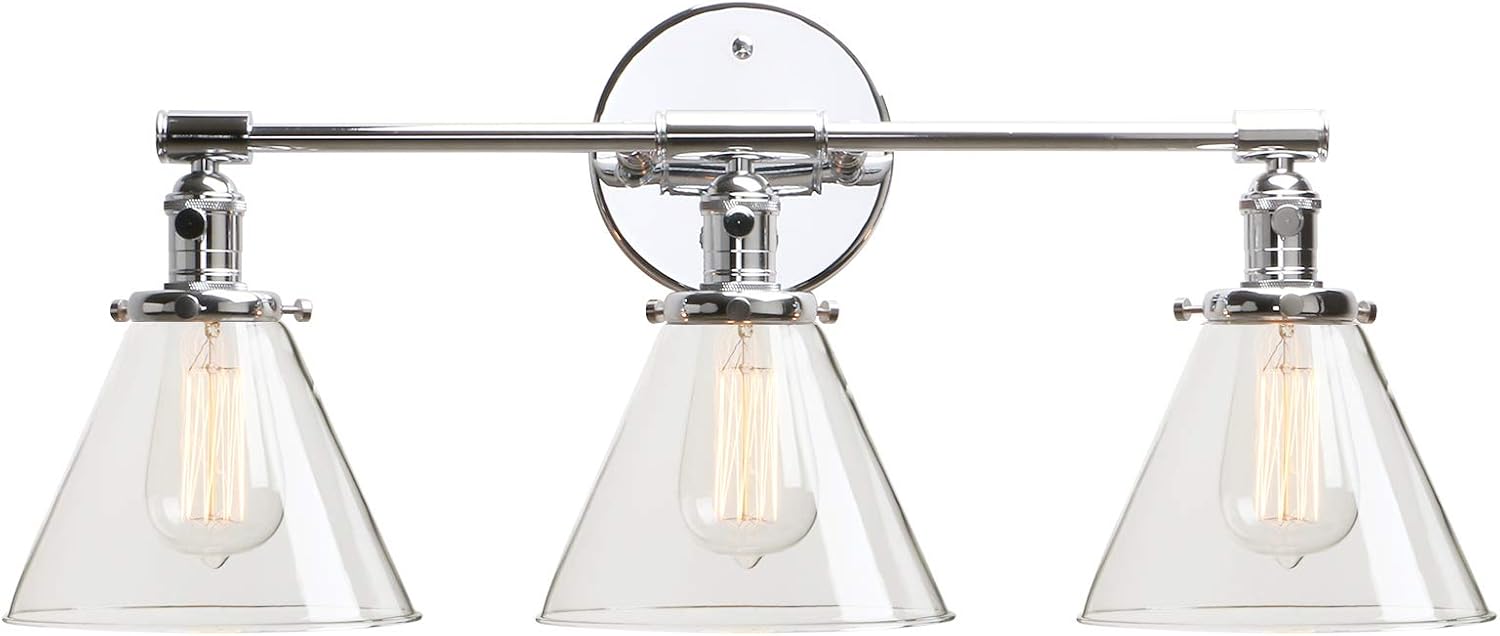 Permo Vintage Industrial Antique Three-Light Wall Sconces with Funnel Flared Clear Glass Shade (Chrome)