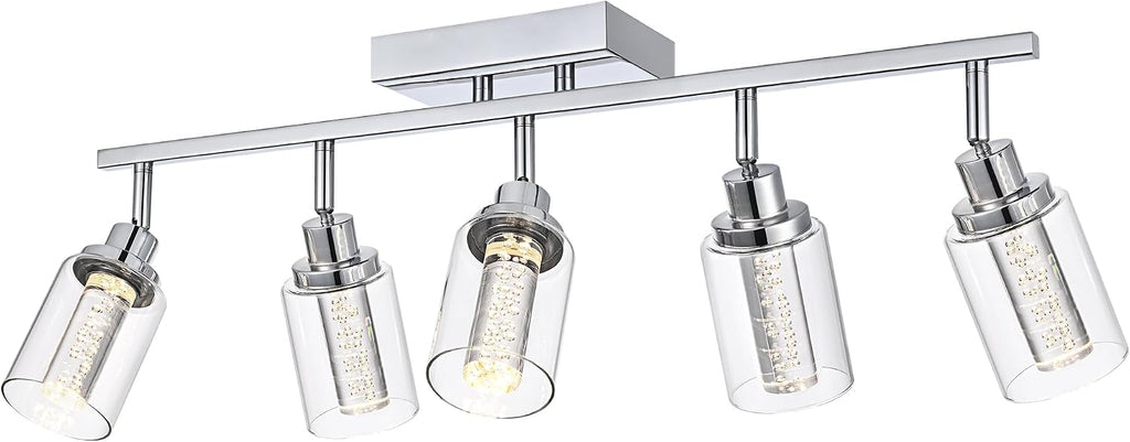 MELUCEE 5-Color Dimmbale Rotatable Spotlight Ceiling Light Fitxures 5-Light LED Track Lighting Kit Chrome Bathroom Vanity Light Wall Mount Ceiling Mount Kitchen Tracking Lights, Clear Glass Shade