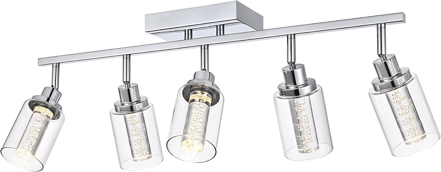 MELUCEE 5-Color Dimmbale Rotatable Spotlight Ceiling Light Fitxures 5-Light LED Track Lighting Kit Chrome Bathroom Vanity Light Wall Mount Ceiling Mount Kitchen Tracking Lights, Clear Glass Shade