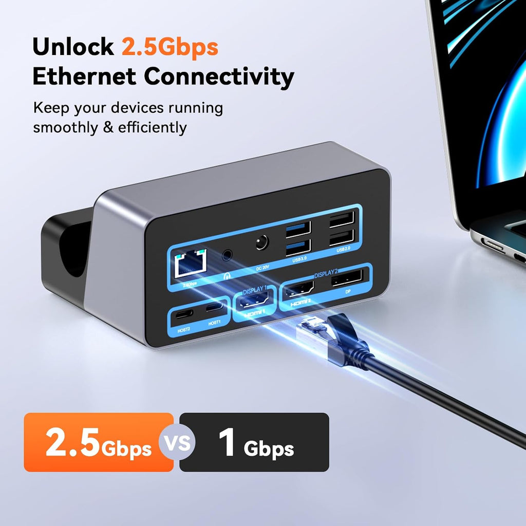 TobenONE 18-in-2 MacBook Docking Station Dual Monitor 4K@60Hz, 150 Power Adapter, 20W Charging, USB C Docking Station with 2 HDMI&DP, 7 USB, 2.5Gbps Ethernet, 2 Audio, Dock Stand for MacBook Pro