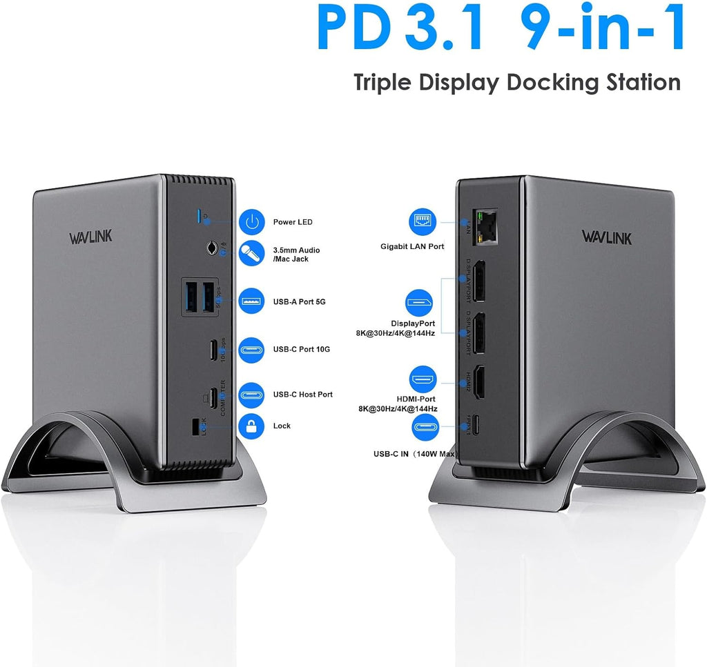 USB C Docking Station, PD3.1 Docking Station 3 Monitors with 2* DP + HDMI,Single 4K@144Hz,140W Charger, USB-C 10Gbps, 2* USB-A 5Gbps, Gigabit Ethernet, Audio/Mic, for Windows,Dell,HP,Lenovo