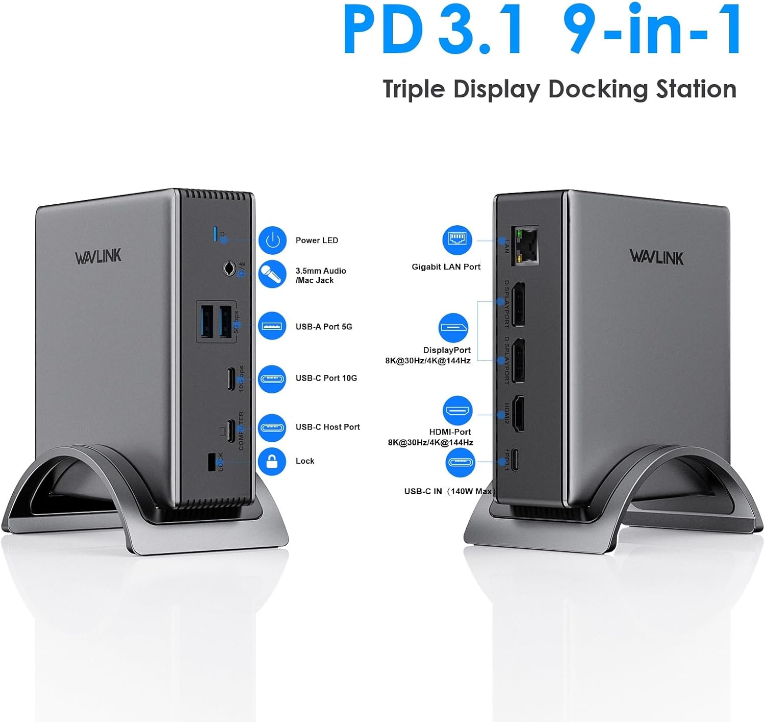USB C Docking Station, PD3.1 Docking Station 3 Monitors with 2* DP + HDMI,Single 4K@144Hz,140W Charger, USB-C 10Gbps, 2* USB-A 5Gbps, Gigabit Ethernet, Audio/Mic, for Windows,Dell,HP,Lenovo