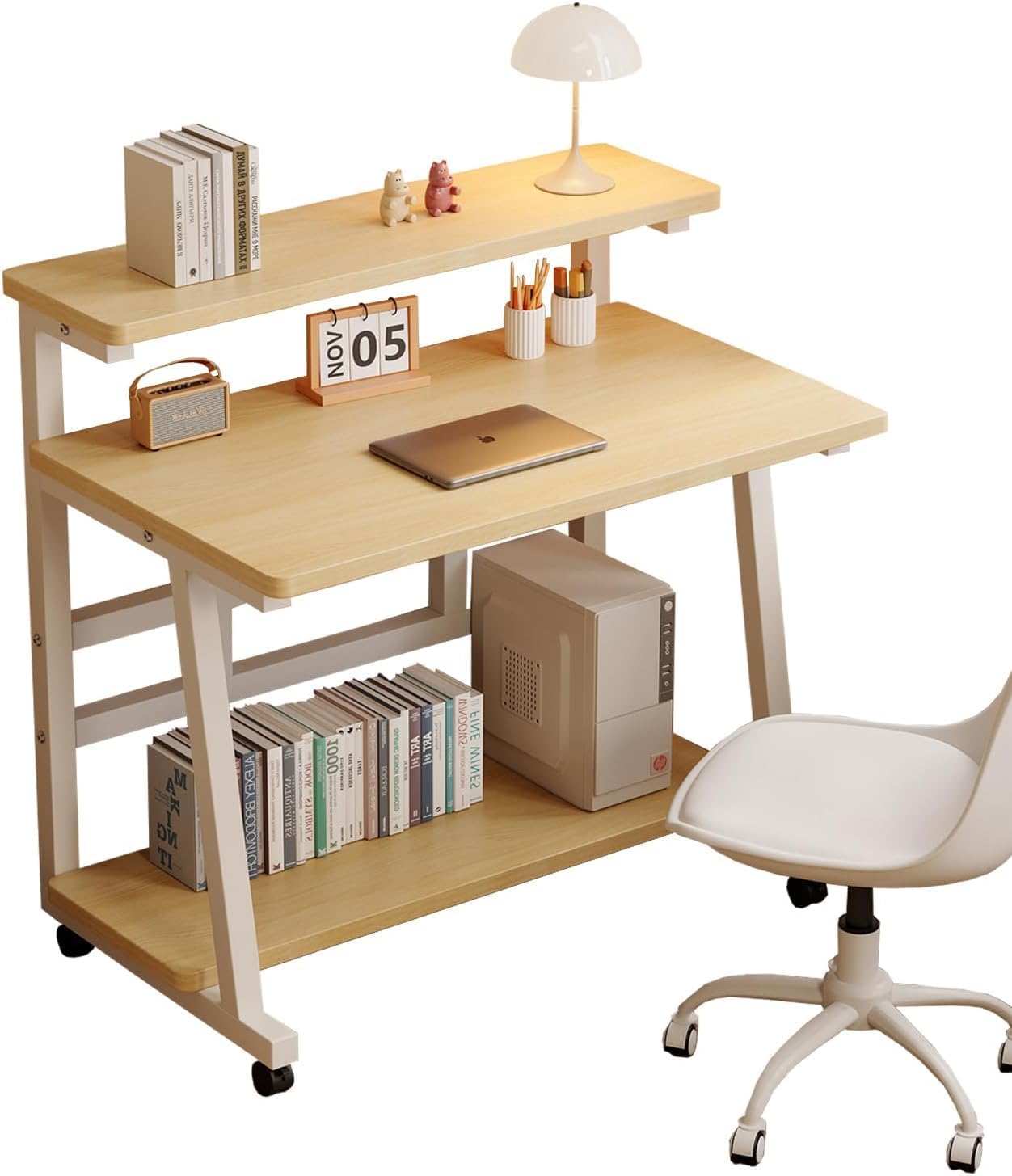 39.4 Inch Compact Rolling Computer Desk with Tier Worktable & Lockable Wheels, Small Computer Desk, Small Desk for Bedroom, Mobile Writing Workstation Easy Assembly for Home Office Small Spaces