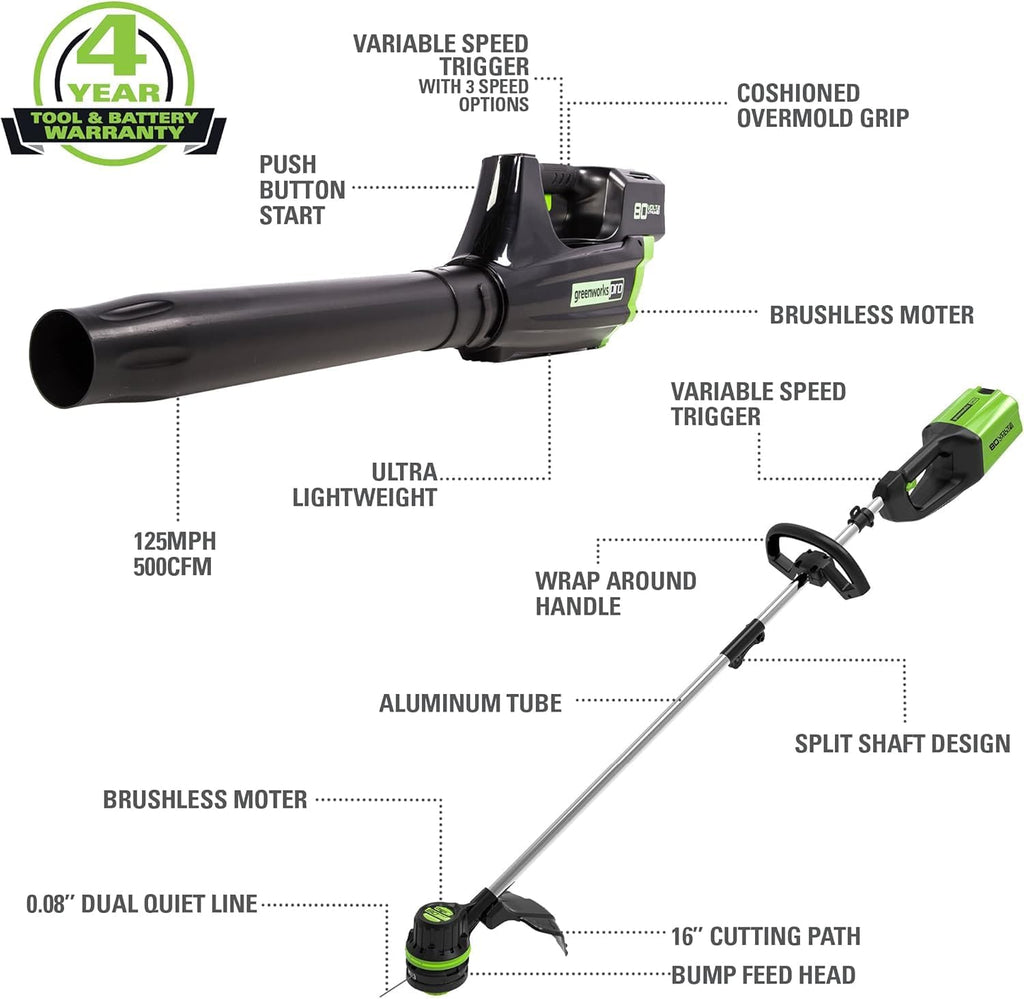 Greenworks 80V 25' Cordless Brushless Self-Propelled Rear Wheel Drive 3-in-1 Lawn Mower + 16' String Trimmer + 730 CFM Leaf Blower Combo Kit - 4.0Ah & 2.5Ah Batteries (2) + 2 Chargers | Zero Emissions