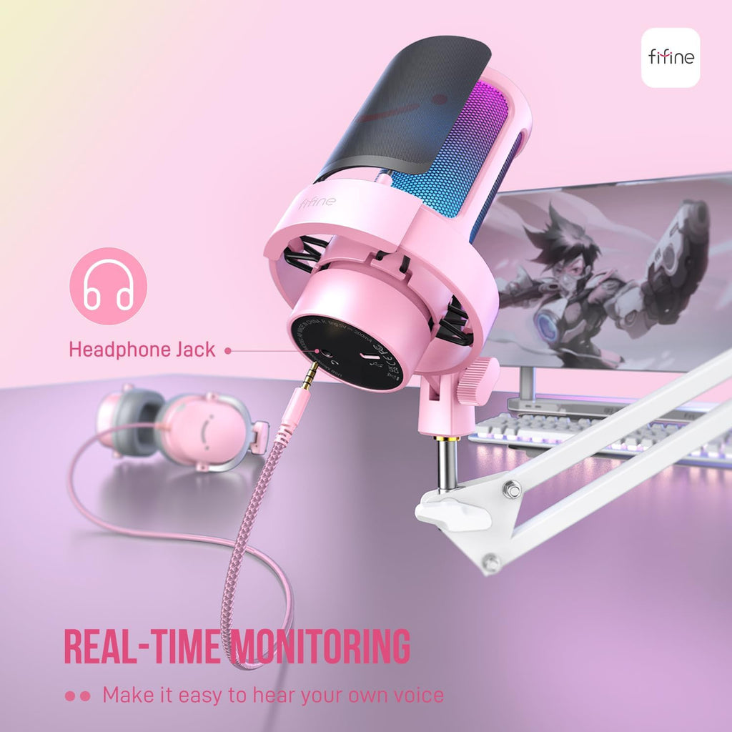 FIFINE USB Gaming Microphone Kit with Headset Bundle, Condenser Mic and Over-Ear Headset with Boom Arm, Mute Button, Game Chat Balance, Noise-Canceling, 4 EQ Modes for Streaming-A8TP+H13P