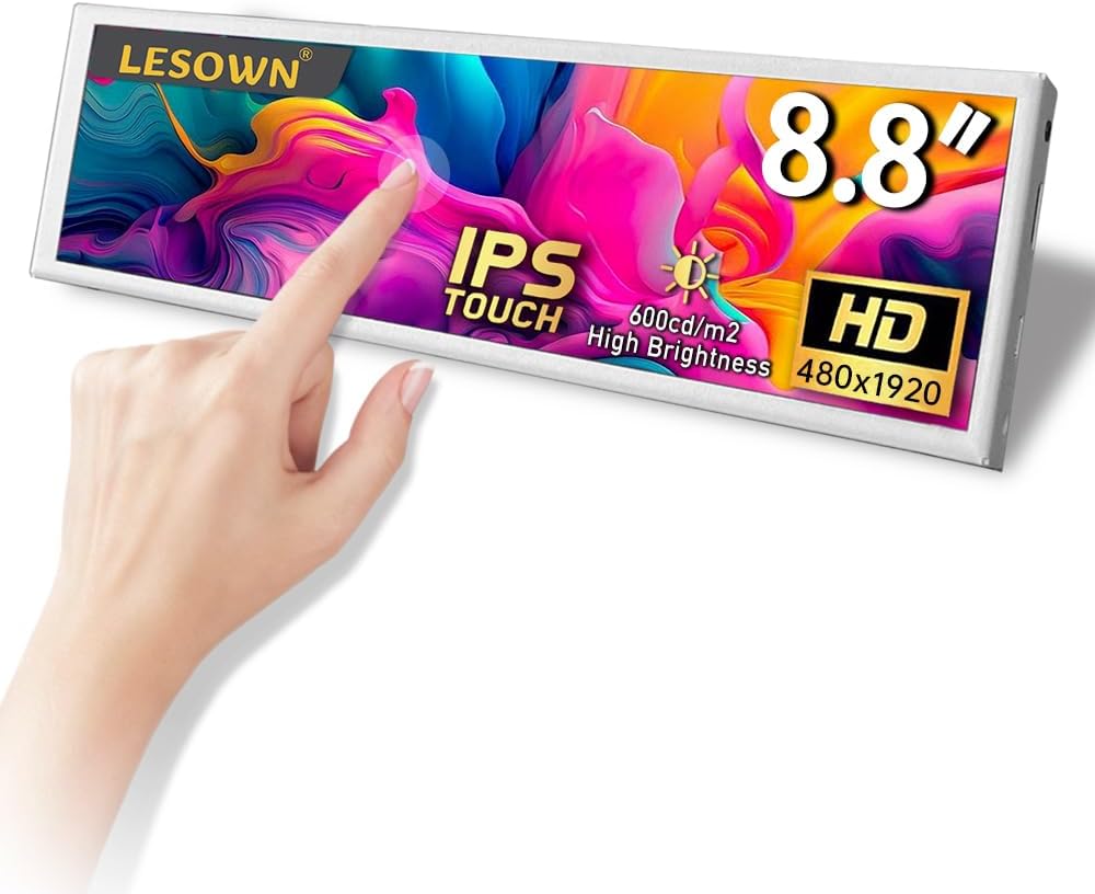 8.8' Mini Stretched Bar Monitor Touchscreen 480x1920 PC Temperature Display 600nits High Brightness Portable Secondary Screen LCD Screen Inside PC Case White
