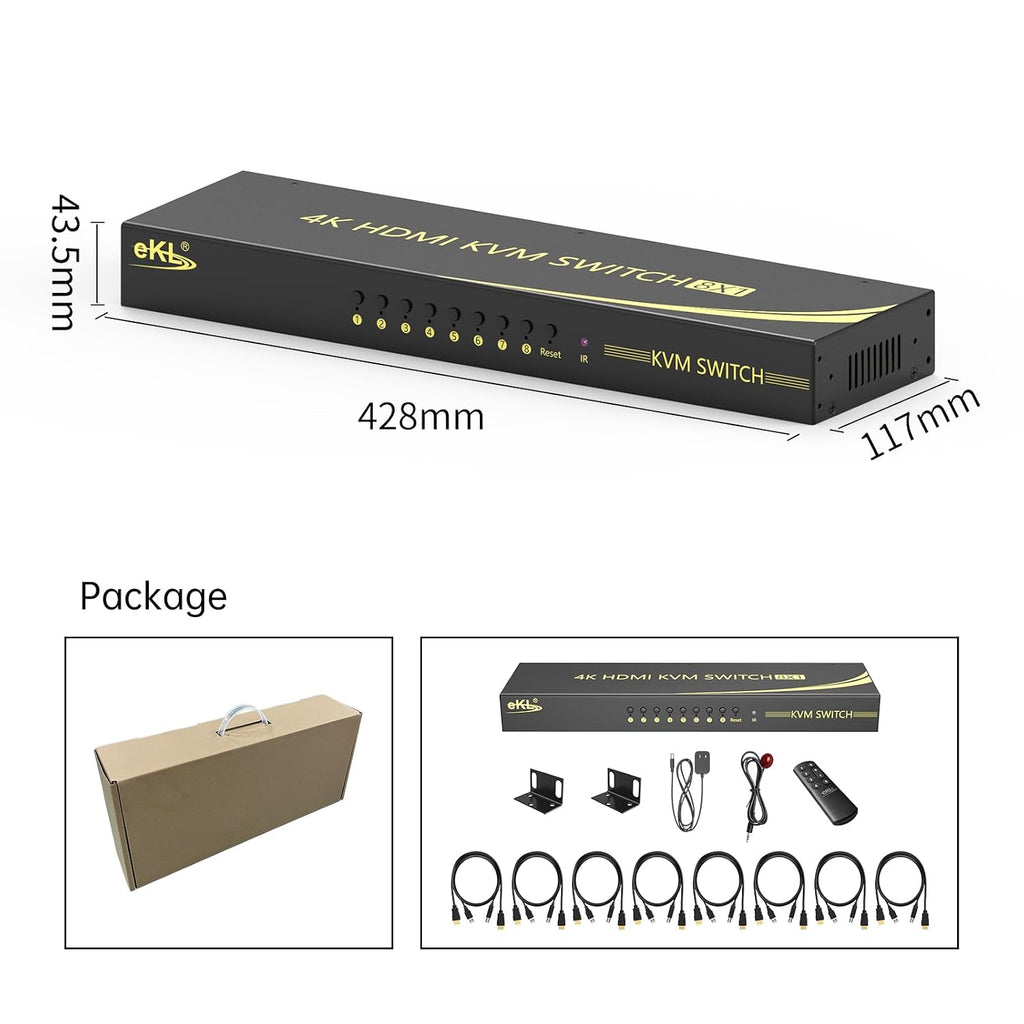 eKL 8 Port HDMI KVM Switch Supports 3.5mm Audio Extractor 4K@60Hz 4:4:4 Hotkeys Swapping 8 in 1 Out 8 PCs Sharing with One Set of Keyboard and Mouse