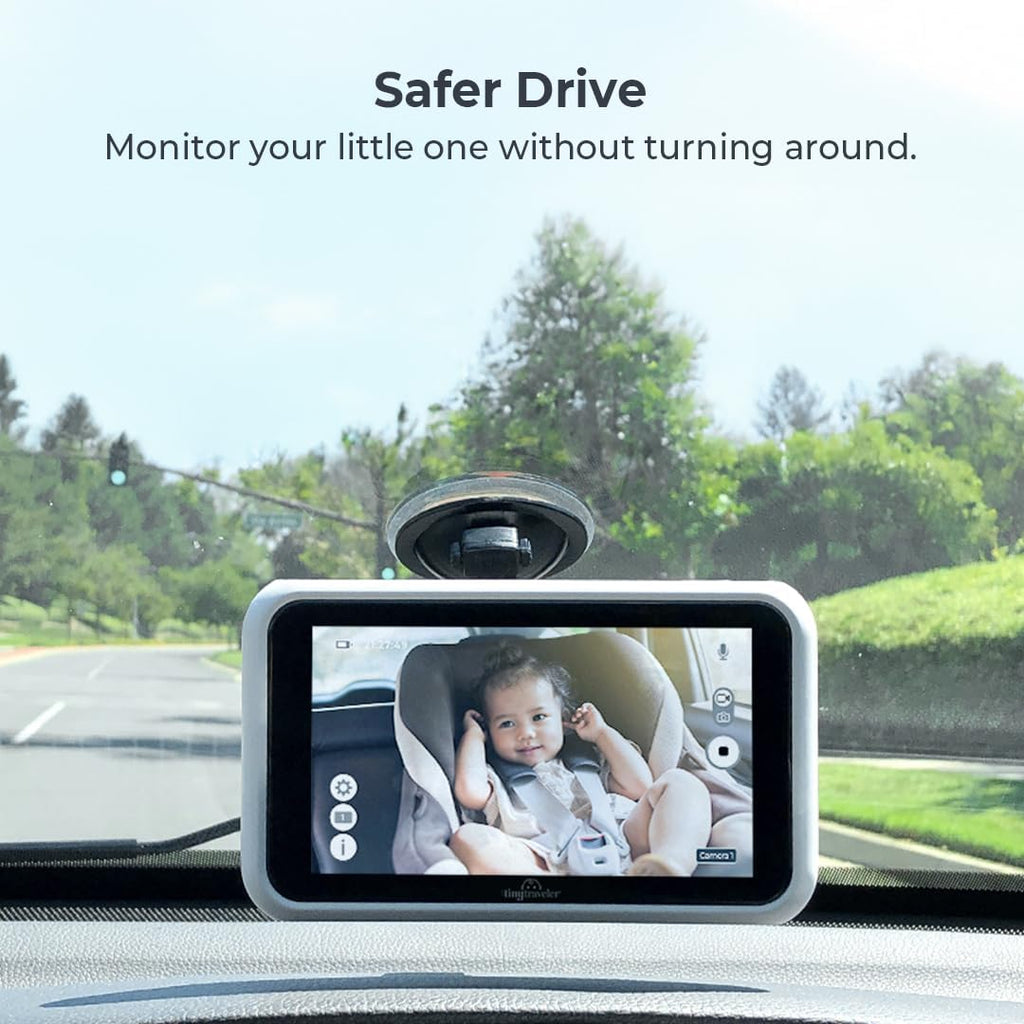 Tiny Traveler 5' HD Touch Screen Baby Car Monitor – Hackproof, No WiFi Baby Camera for Travel Home – Rear-Facing Car Seat Monitor with Night Vision Headrest or Clamp Mount Baby Reminder Alert White