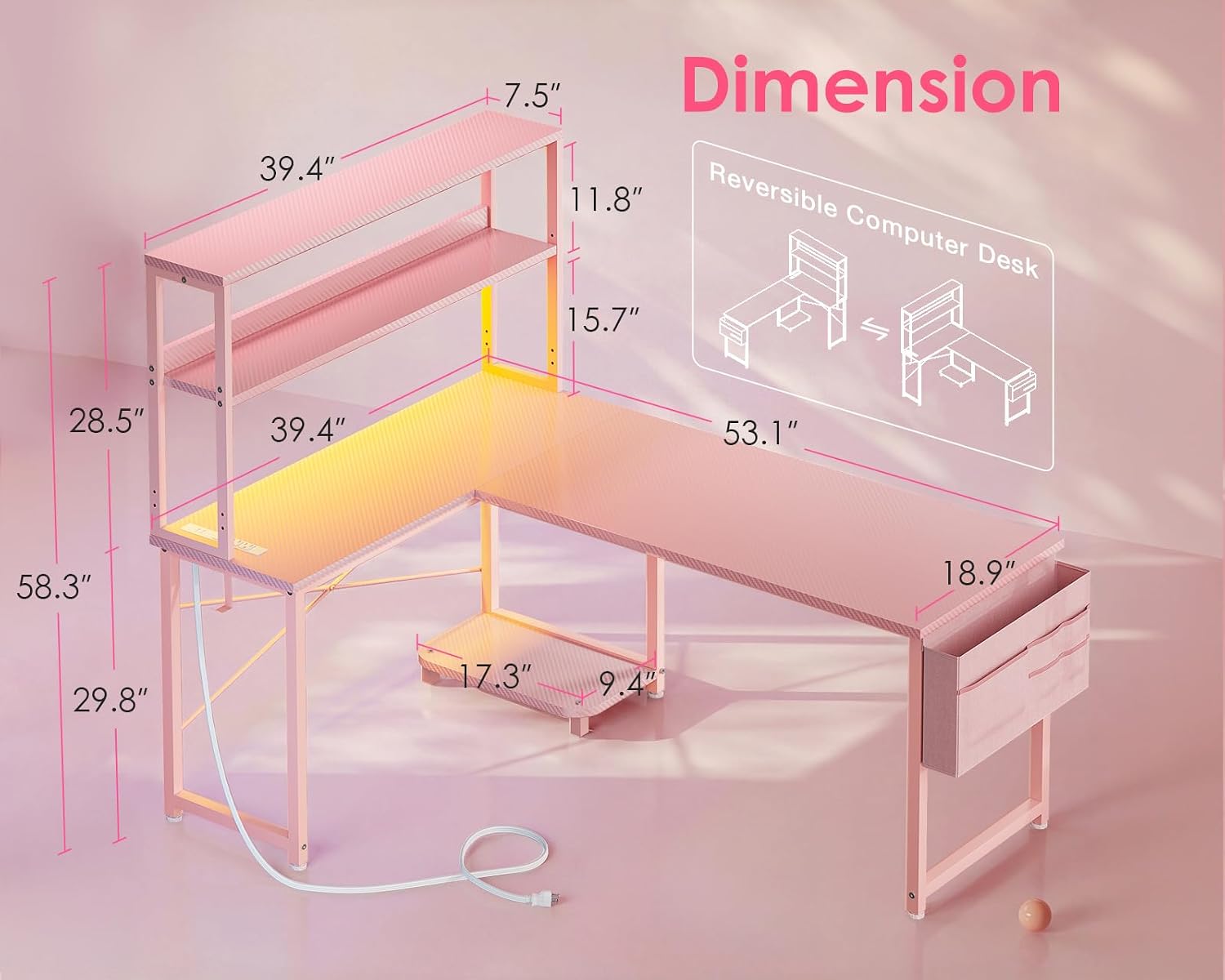 AODK L Shaped Desk Gaming Desk with LED Light & Power Outlet, 53 Inch Reversible L Shaped Computer Table with Shelf & Storage Bag & Hook for Home Office, Pink