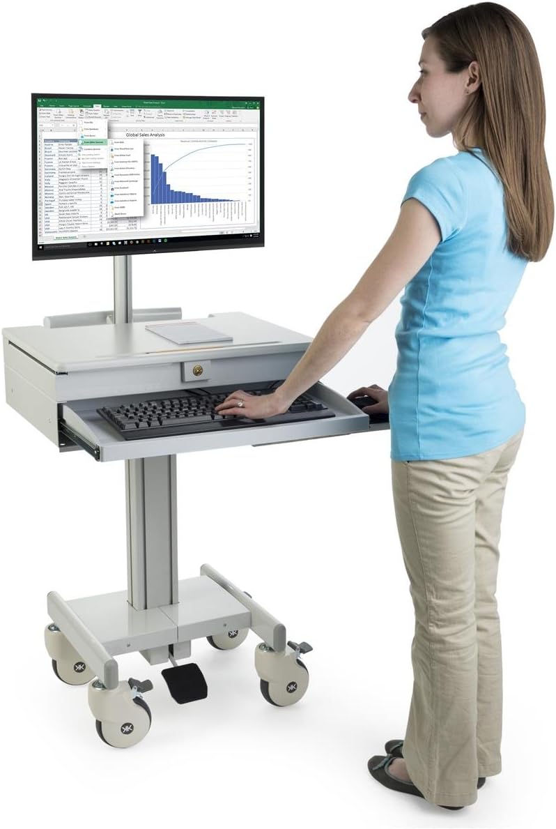 Displays2go Mobile Desk with Monitor Display & Keyboard Tray, Locking Wheels, Steel, Plastic, MDF – Gray (DWMDC1M)