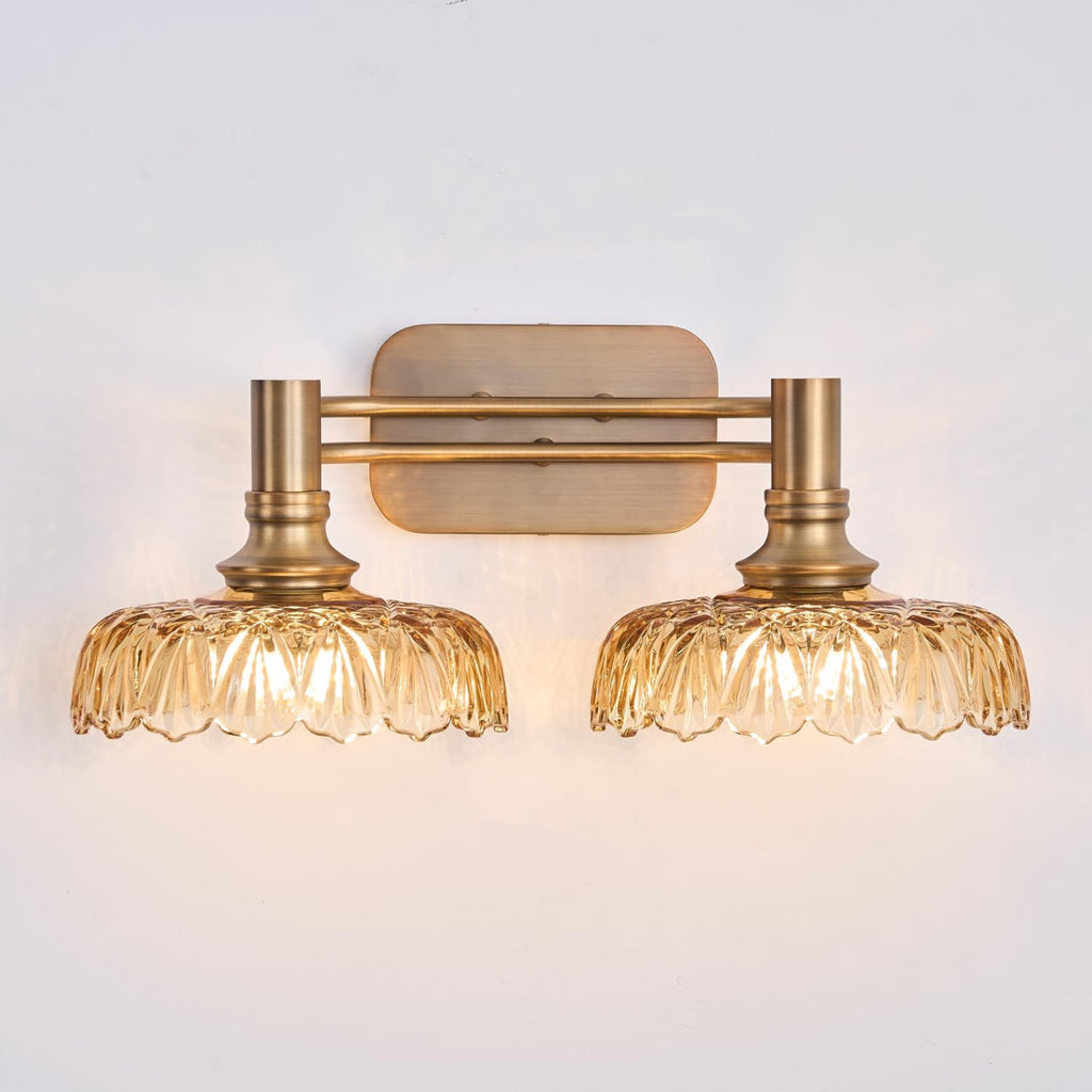 Vintage Bathroom Vanity Light Fixtures, 2-Light Brass Vanity Wall Light Over Mirror with Amber Glass Shade for Hallway Bedroom Living Room