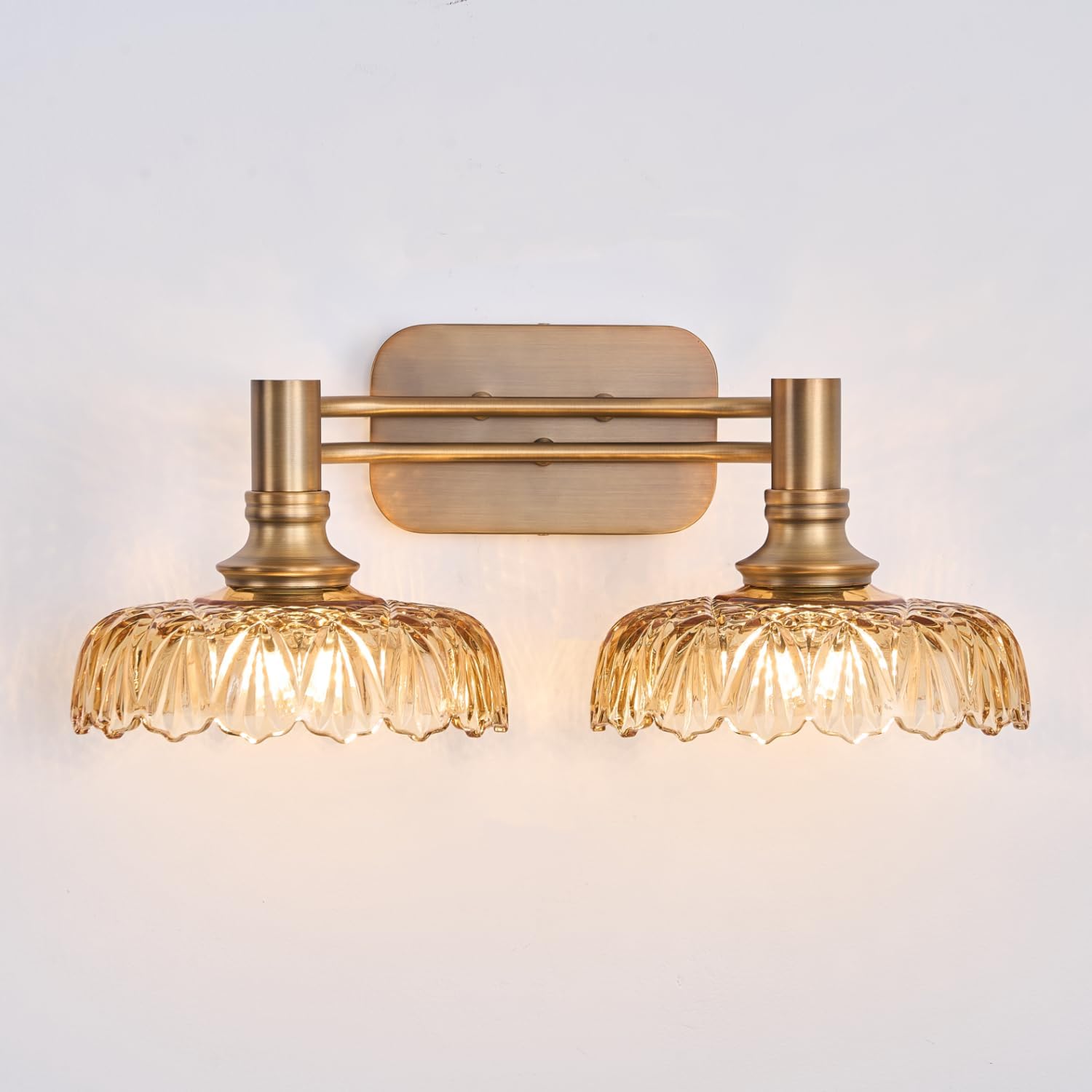Vintage Bathroom Vanity Light Fixtures, 2-Light Brass Vanity Wall Light Over Mirror with Amber Glass Shade for Hallway Bedroom Living Room