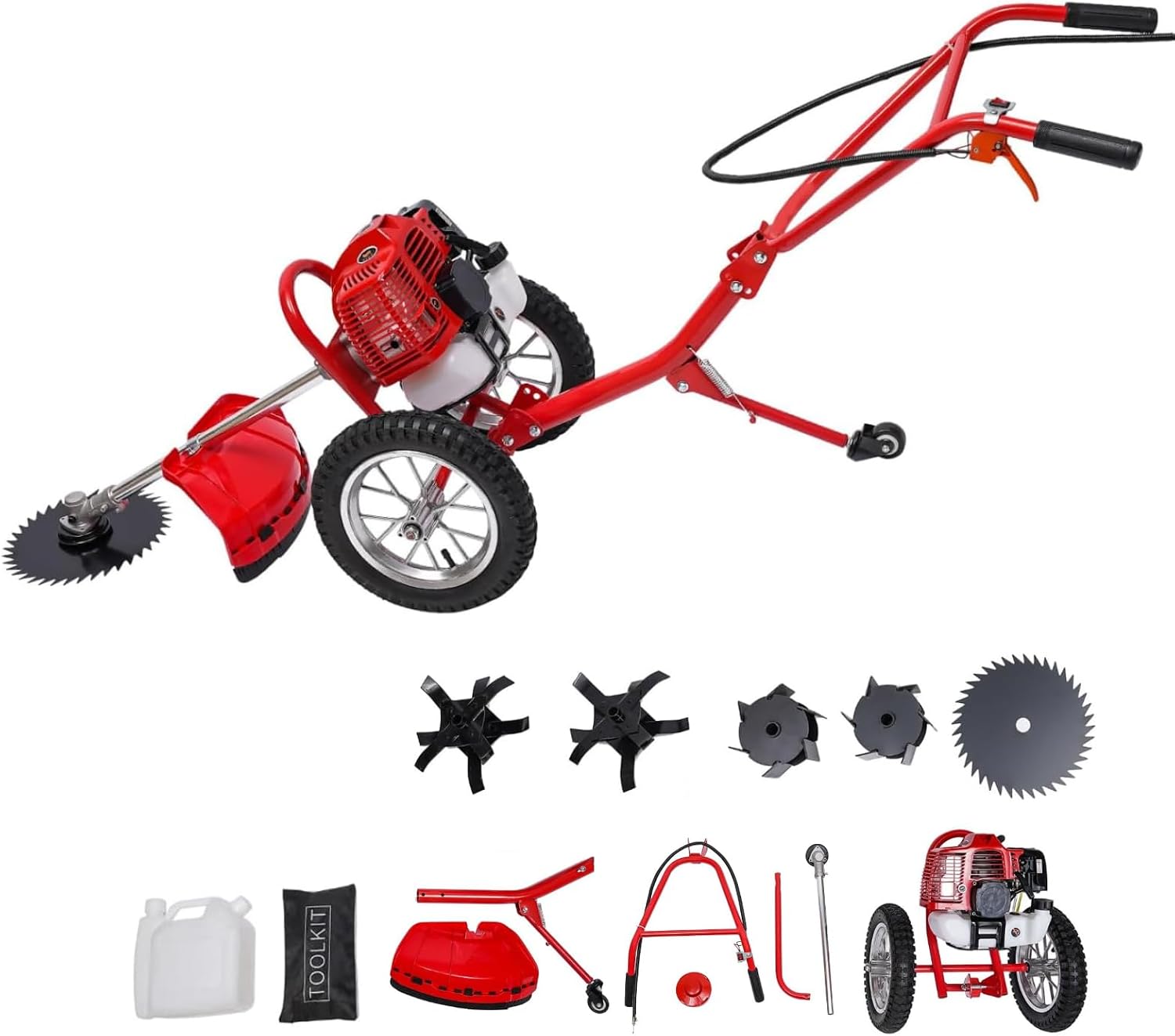 Walk Behind Weed Wacker, 2 Stroke 49 CC Gasoline Weed Eater, 6500-7000R/Min Hand Push String Trimmer with 0.95L Fuel Tank, Foldable Rear Wheel for Mountains, Hills, Plains, Orchards Etc