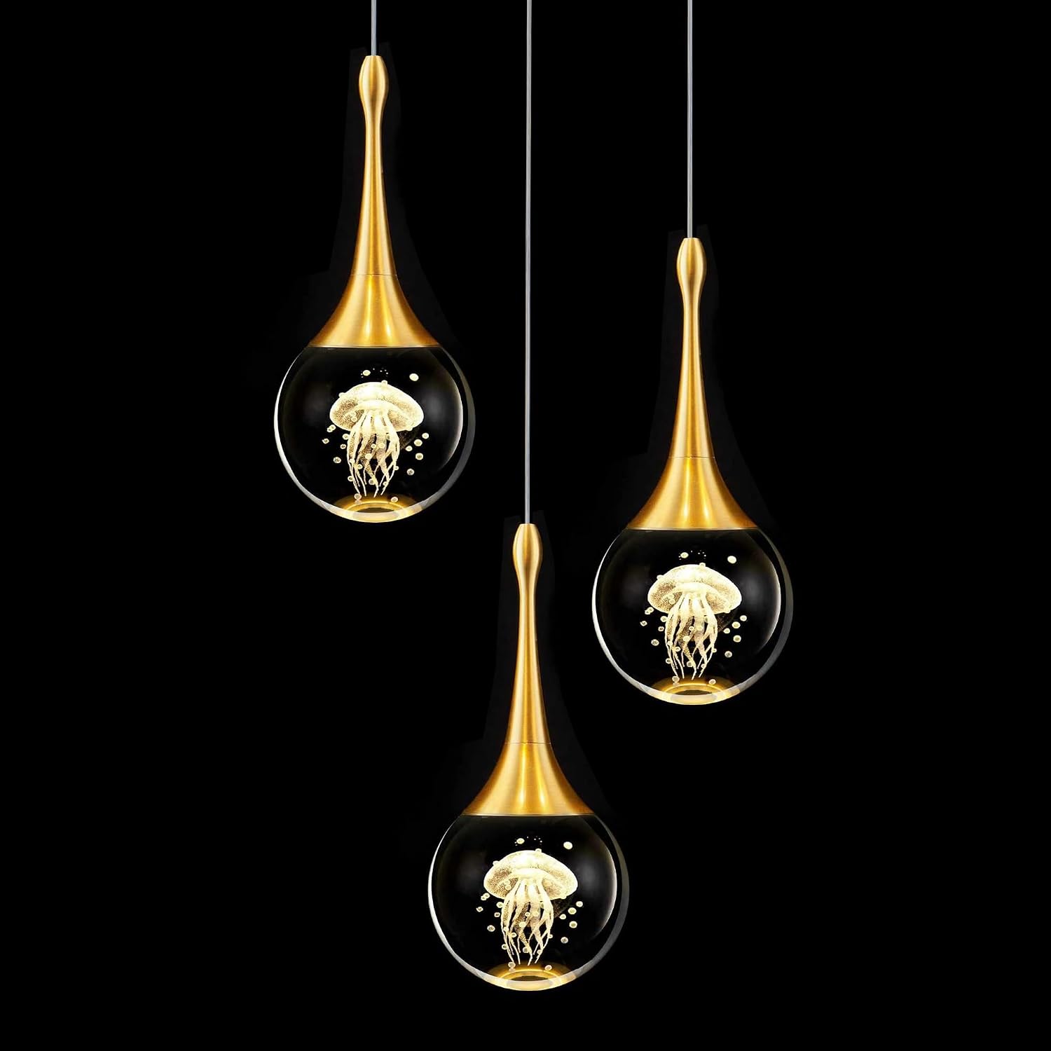 CHYING 3-Lights Pendant Lights Kitchen Island, Modern LED Dimmable Globe Crystal Jellyfish Teardrop Ceiling Pendant Lighting for Dining Room Hallway Entryway Bedroom, Gold Warm White