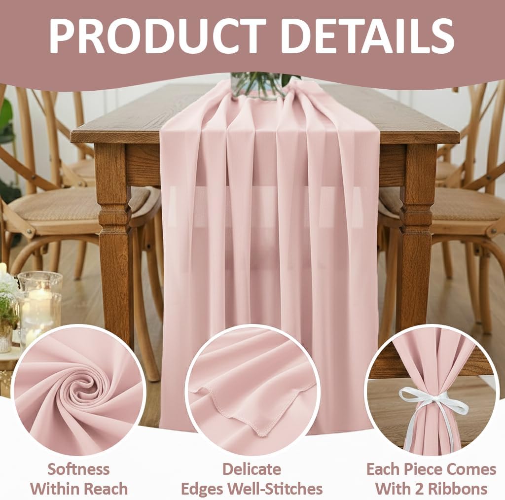 MDS Pack of 12 | Dusty Pink | 14ft Chiffon Table Runner 29x170 Inches Long Romantic Rustic Sheer Gauze Runner for Wedding Bridal Shower Birthday Banquets Engagement Spring Easter Boho Decorations