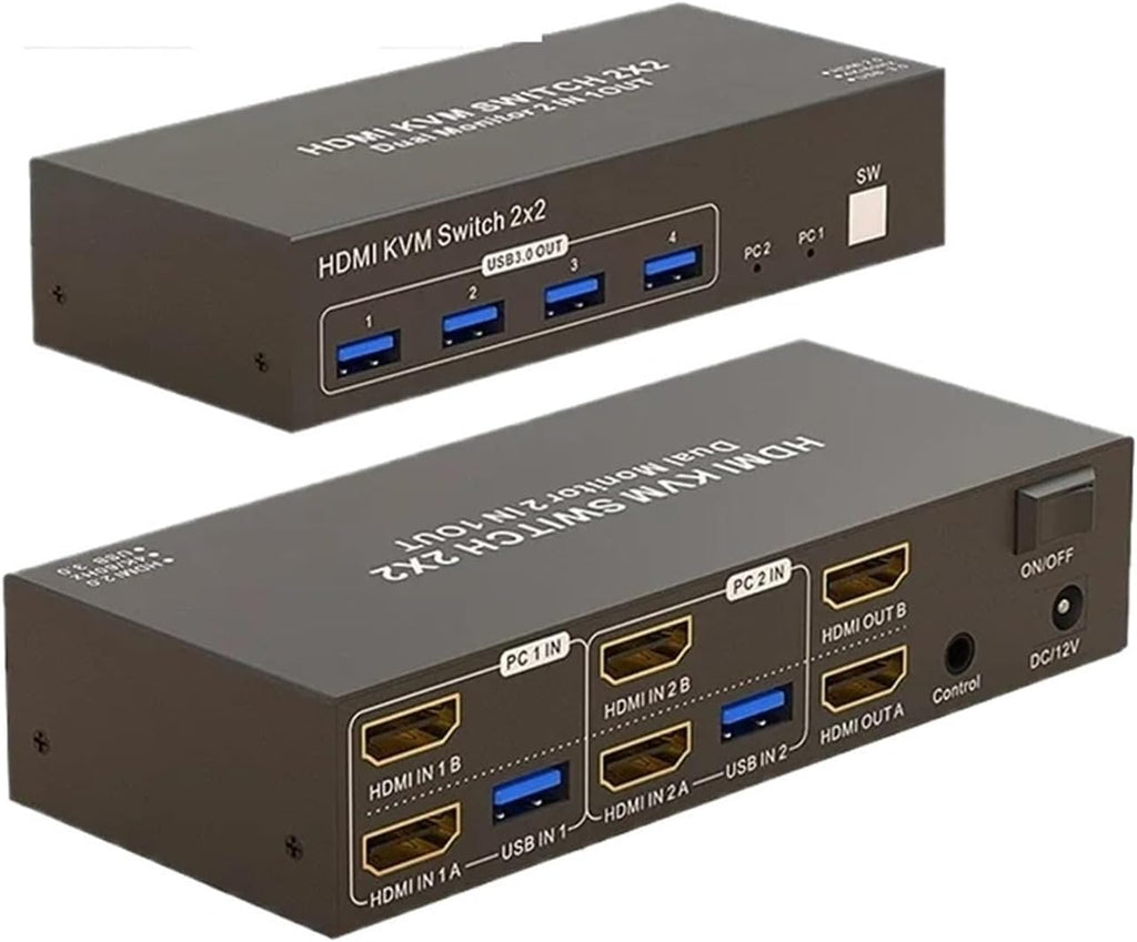 Dual Monitor HDMI KVM Switch 2x2 4K 60Hz HDMI Displayport USB 3.0 KVM Switcher Extended Display for 2 PC Share Mouse Keyboard(HDMI DP kvm Switch,with UK Plug)