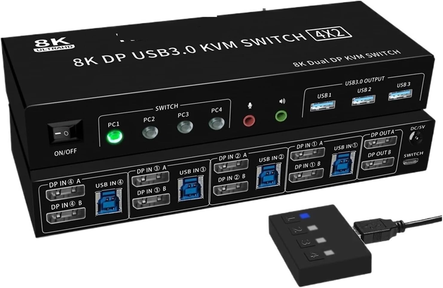 8K DP KVM USB 3.0 Switch 4X2 Dual Monitor 4K 144Hz Extended Display Displayport Switch 4 in 2 Out for 4 PC Share Keyboard Mouse(AU Power Plug)