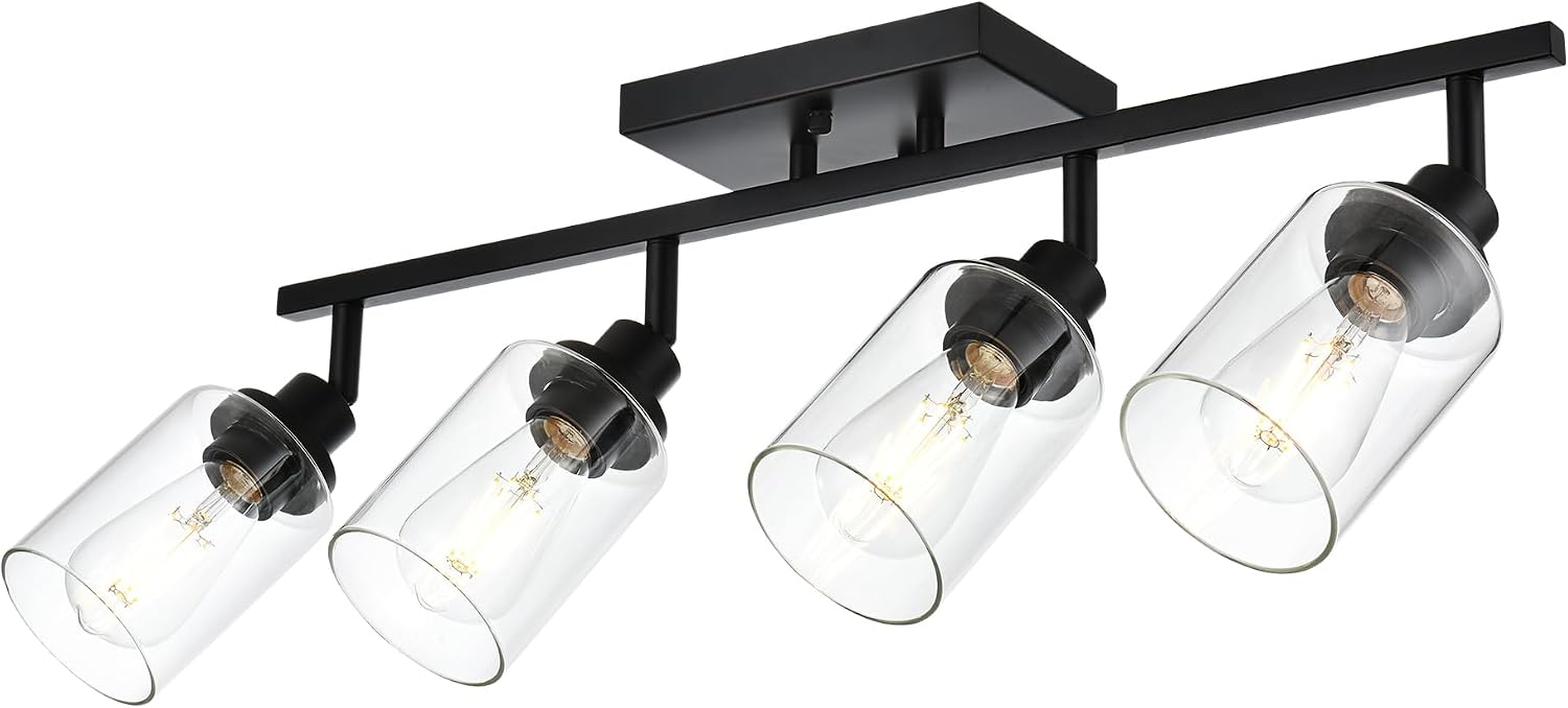 4-Light Track Lighting Kit Black Track Lighting Fixtures Bathroom Wall Sconces Ceiling Mount Kitchen Tracking Lights, Rotatable Spotlight with Clear Glass Shade for Kitchen Shop Hallway