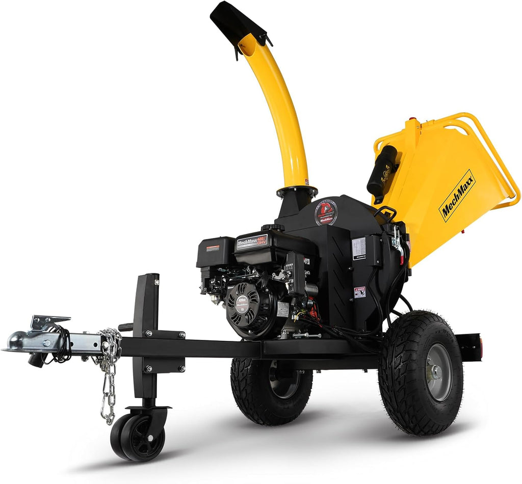 MechMaxx 5'' Inch E-Start 420cc 15hp Gas Powered Wood Chipper Shredder Mulcher with Tail Light, Towbar, Emergency Stop Button, Stop Bar, Model P4205 (Yellow)