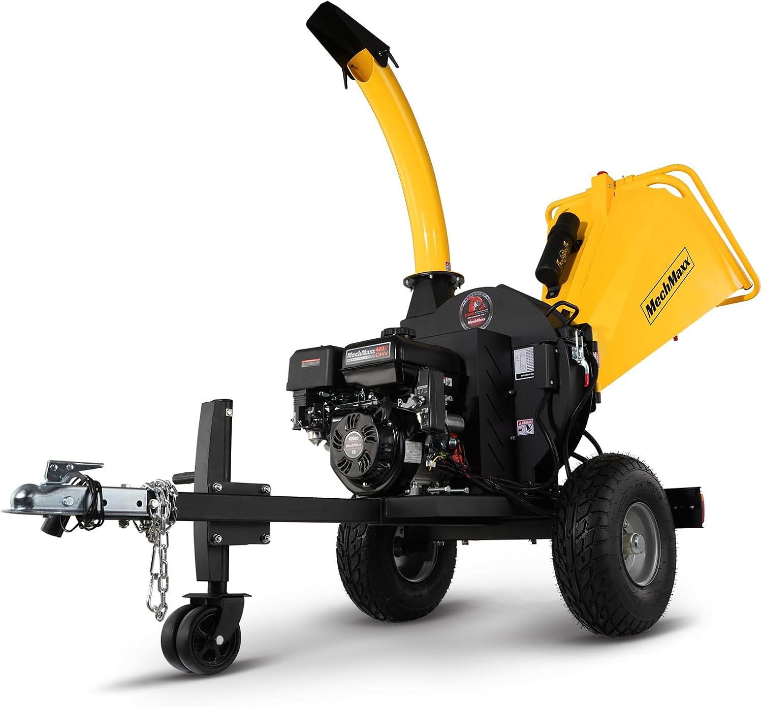 MechMaxx 5'' Inch E-Start 420cc 15hp Gas Powered Wood Chipper Shredder Mulcher with Tail Light, Towbar, Emergency Stop Button, Stop Bar, Model P4205 (Yellow)