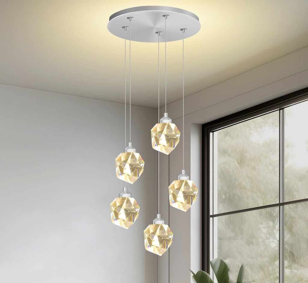 5-Light Cluster Crystal Raindrop Pendant Lights- 25W LED Dimmable Hanging Light Fixture Chandelier for Kitchen Island, Dining Room Living Room