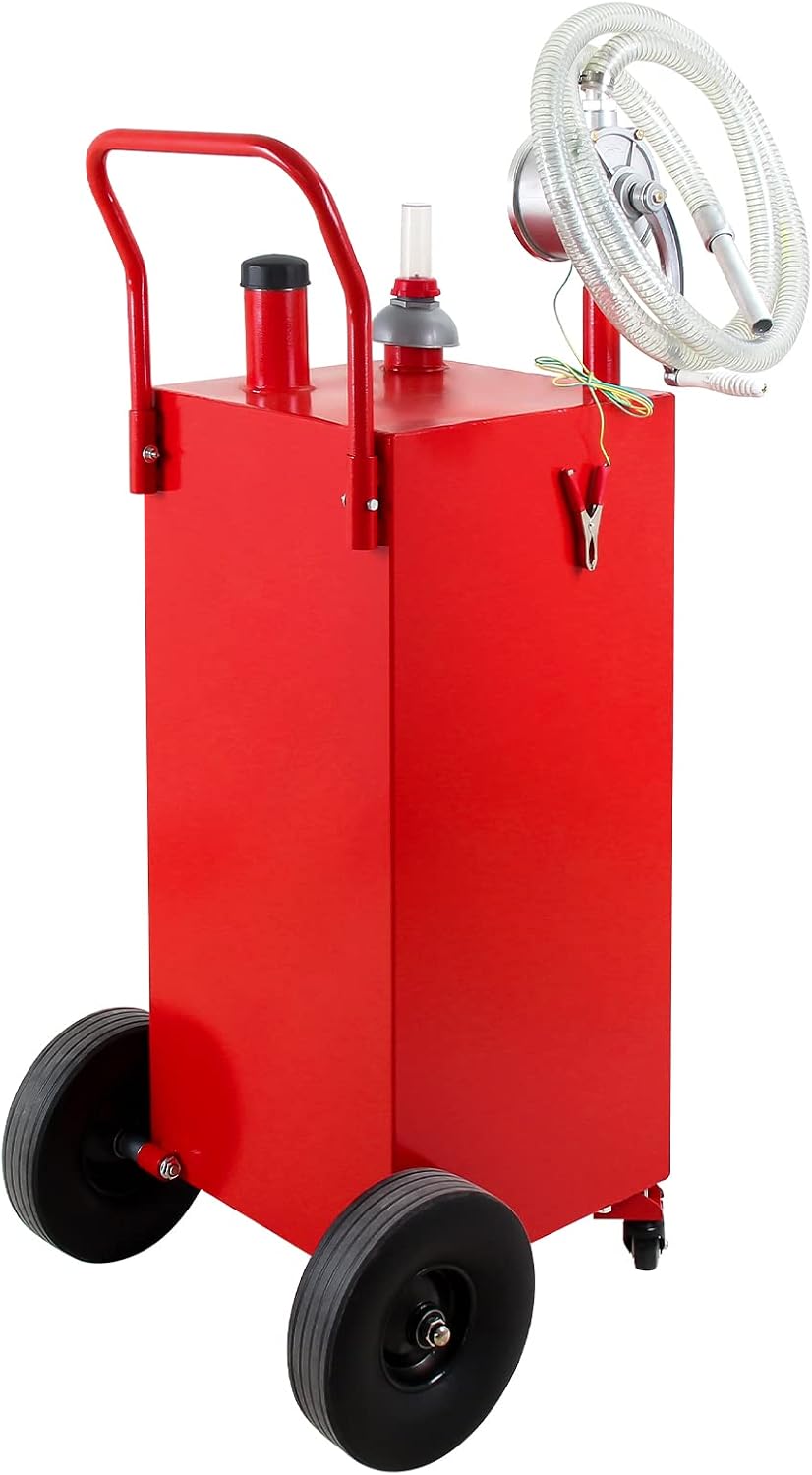 Gas Caddy 35 Gallon, Portable Fuel Storage Tank with 4 Wheels, Gasoline Diesel Can with Pump Rolling and Solid Rubber Wheels for Cars Lawnmowers ATVs Boats Motorcycles Red