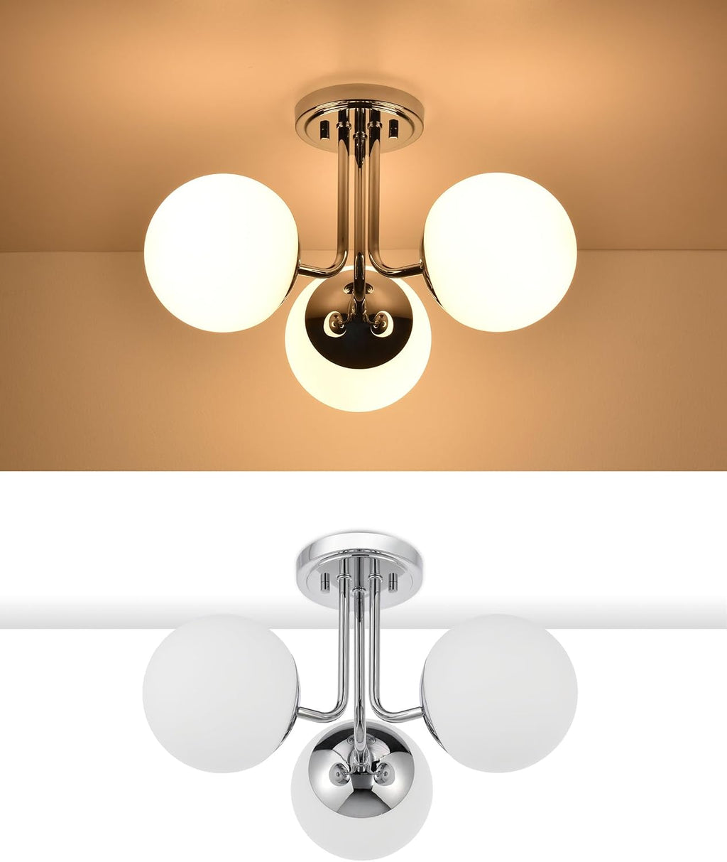3 Light Semi Flush Mount Chrome Ceiling Light Fixture, Modern Globe Chandelier, Sputnik Farmhouse Lighting for Kitchen Bedroom Bathroom Living Room Corridor Laundry Room Bar