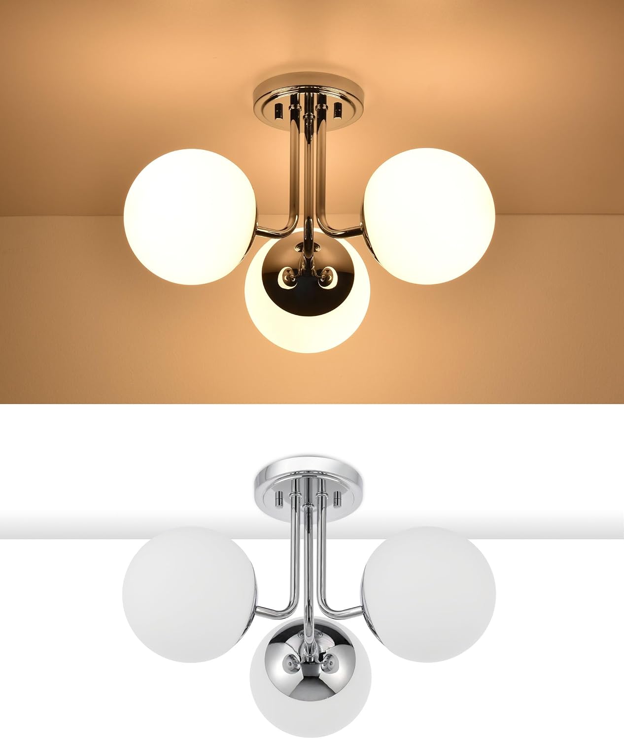 3 Light Semi Flush Mount Chrome Ceiling Light Fixture, Modern Globe Chandelier, Sputnik Farmhouse Lighting for Kitchen Bedroom Bathroom Living Room Corridor Laundry Room Bar