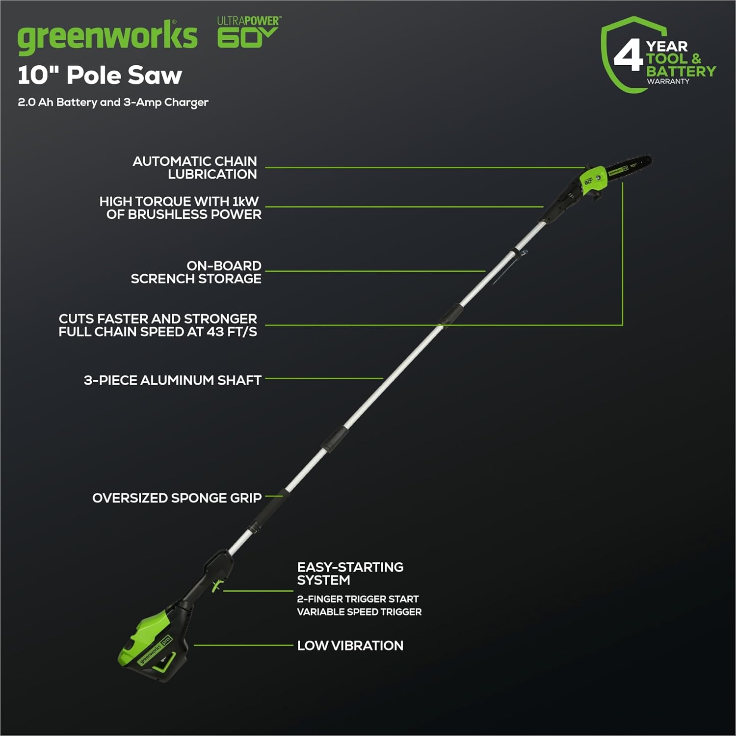 Greenworks 60V 10' Brushless Cordless Pole Saw, 14.5 Ft. Reach, 2.0Ah Battery & Charger