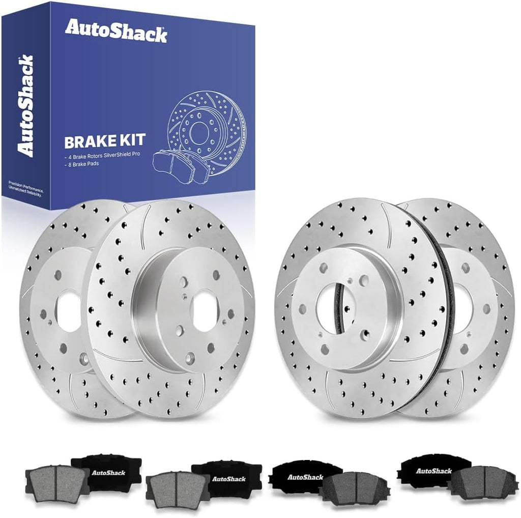 AutoShack Front & Rear Brake Rotors & Premium Pads for Toyota & Lexus, RAV4 2006-2008 HS250h 2010-2012, FWD 4WD L4 2.4L - Silver Zinc Coated Drilled & Slotted - SilverShield Pro