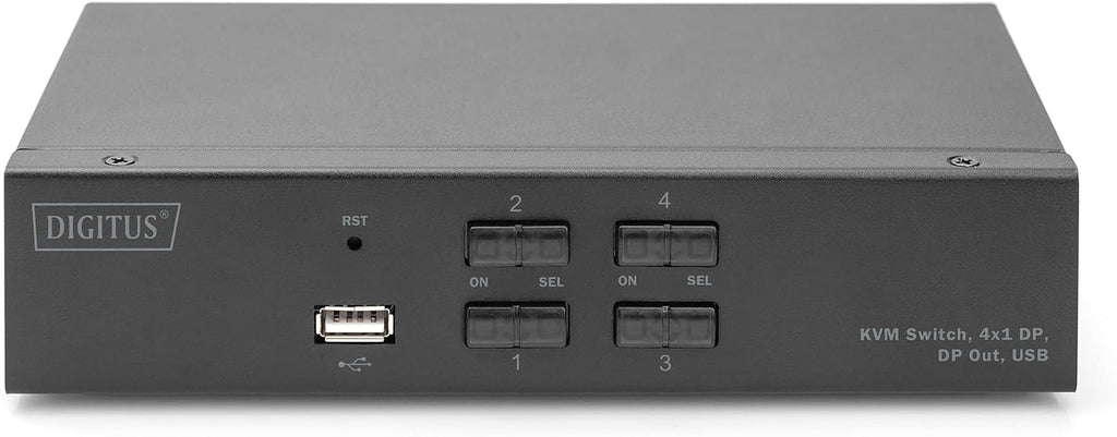 DIGITUS Displayport KVM Switch - 4-Port Single Display - 4 PC 1 Monitor - 1x Mouse, Keyboard & Audio for 4 Computers - UHD 4K@60Hz (4096 x 2160p) - Hot Key Switch - 1x USB 2.0 Hub - Black