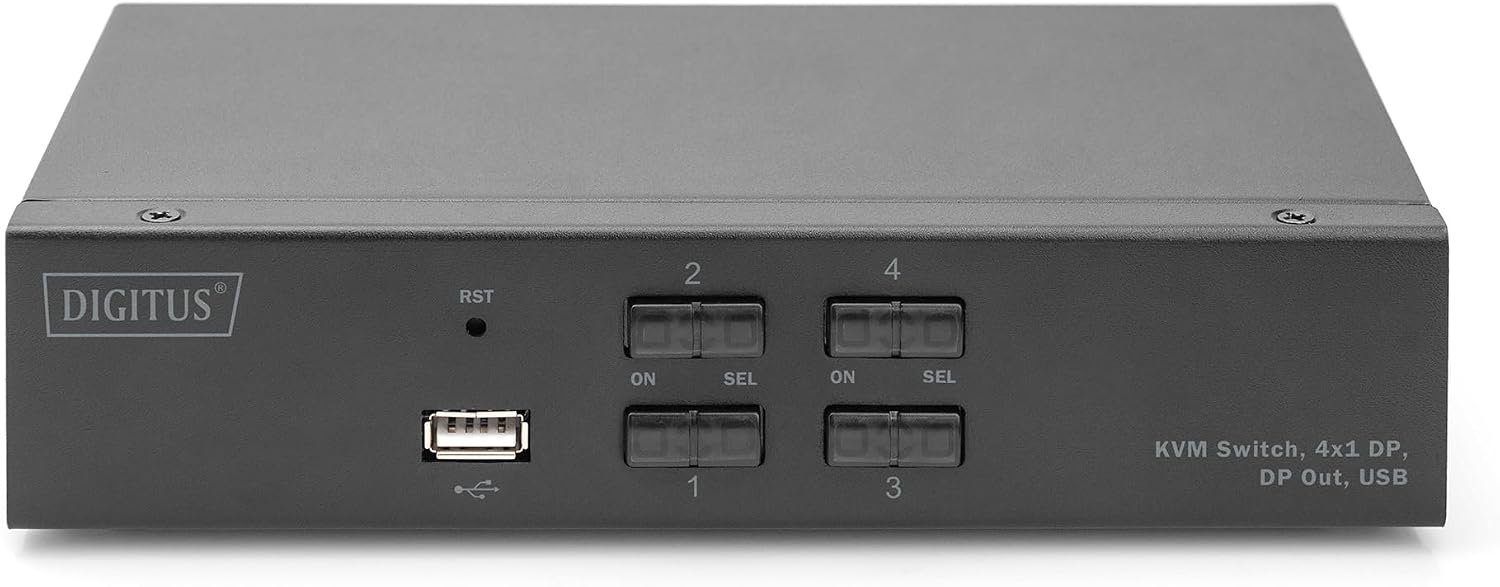 DIGITUS Displayport KVM Switch - 4-Port Single Display - 4 PC 1 Monitor - 1x Mouse, Keyboard & Audio for 4 Computers - UHD 4K@60Hz (4096 x 2160p) - Hot Key Switch - 1x USB 2.0 Hub - Black